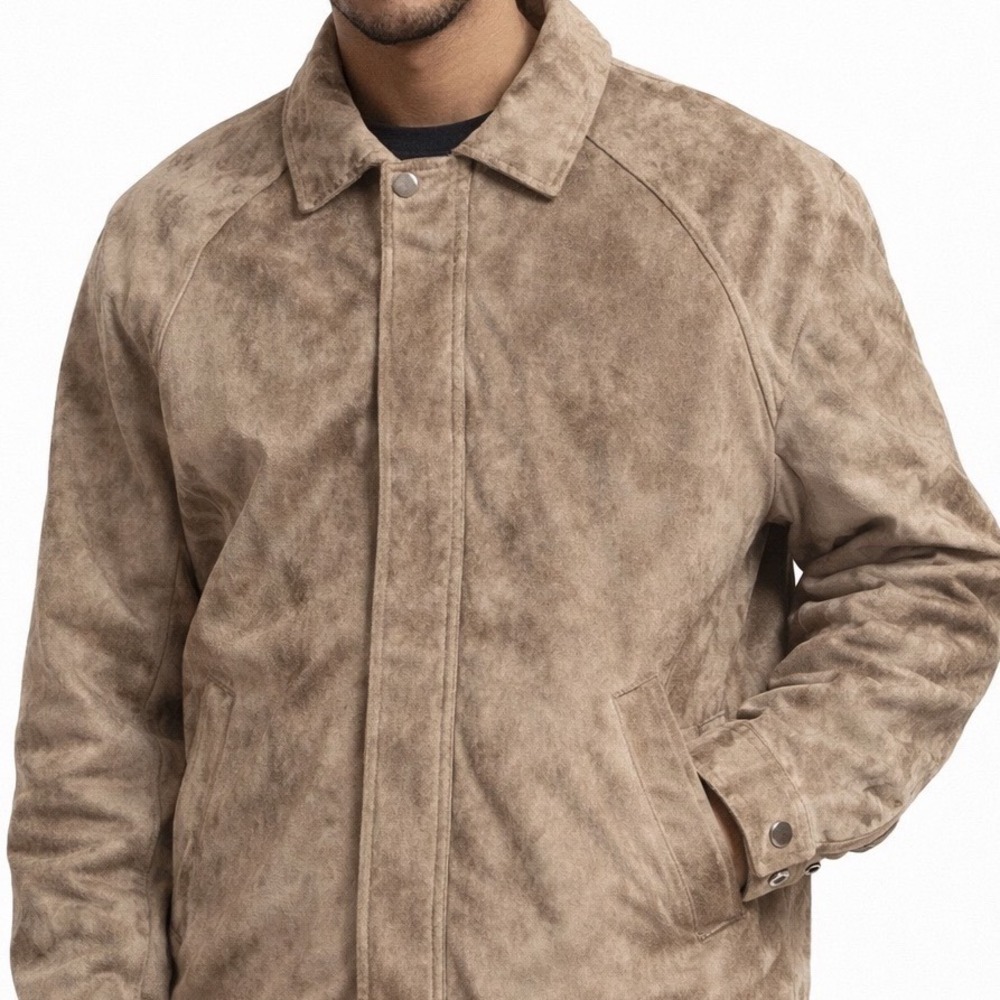 Claiborne Faux Suede Jacket‎ Mens Large Taupe Brown Full Zip Harrington Coat Y2K